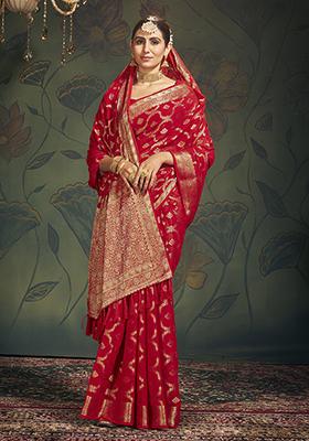 Red Woven Georgette Saree Set