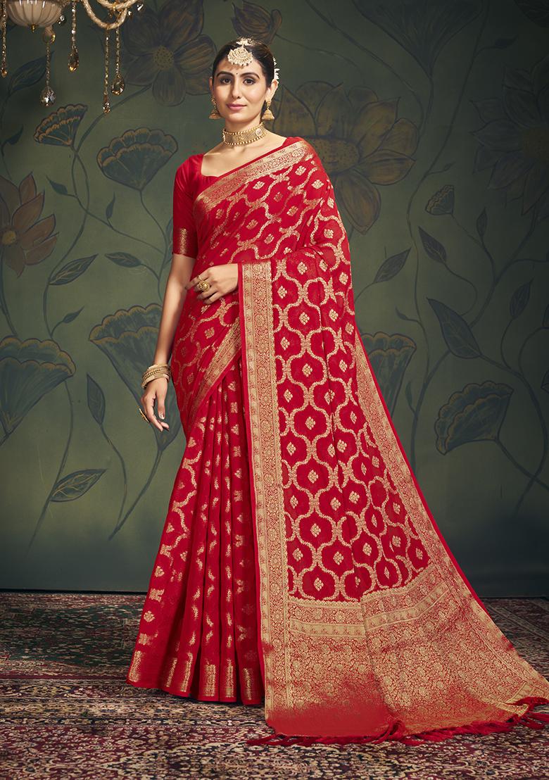 Red Woven Georgette Saree Set