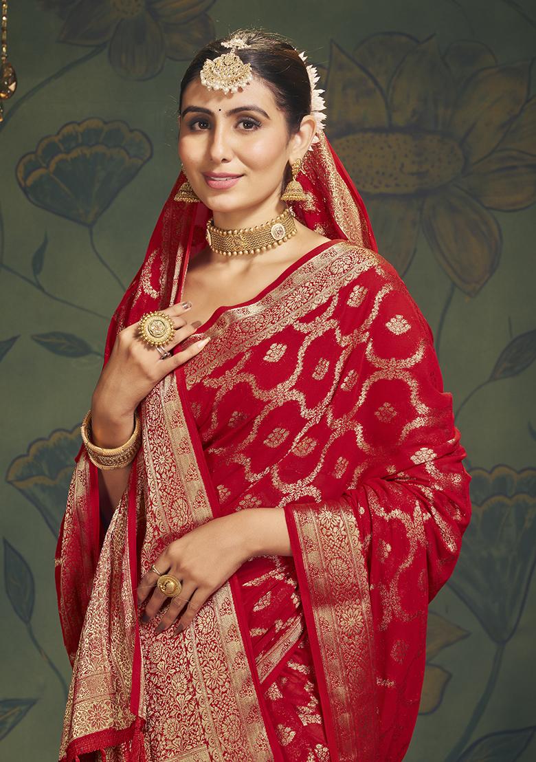 Red Woven Georgette Saree Set