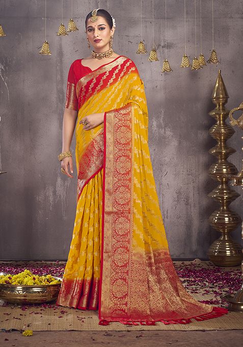 Yellow Woven Georgette Saree Set