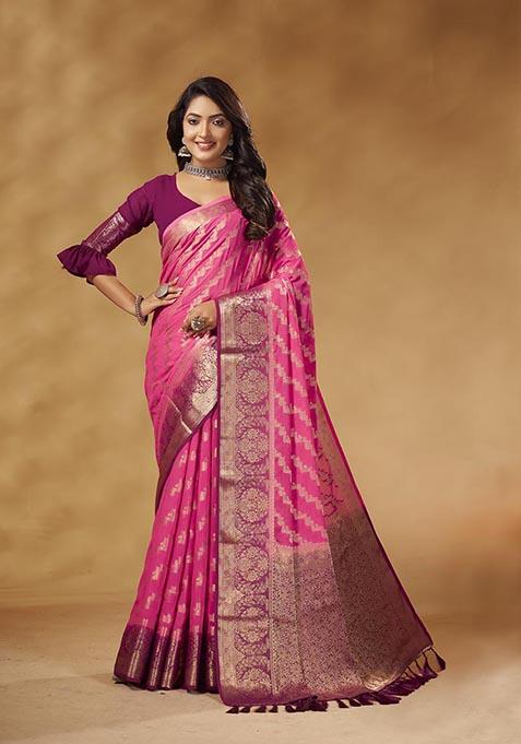 Pink Woven Georgette Saree Set