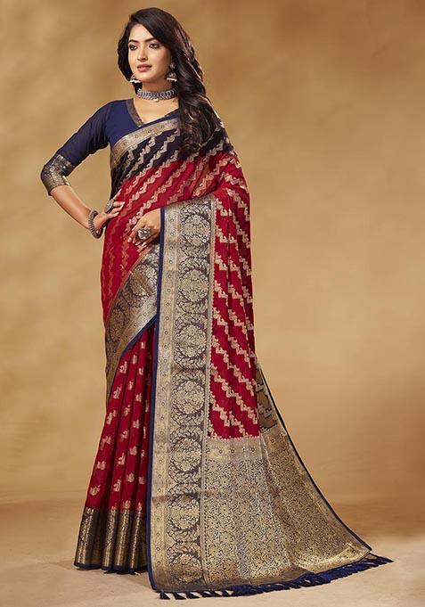 Red Woven Georgette Saree Set