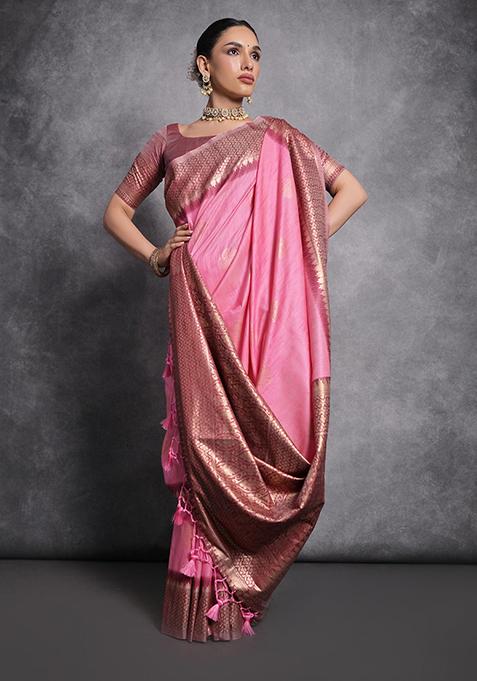 Pink Woven Silk Saree Set