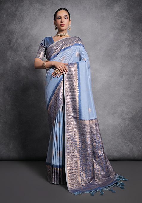 Blue Woven Silk Saree Set