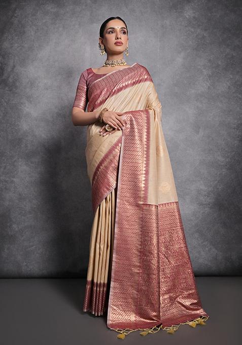 Beige Woven Silk Saree Set