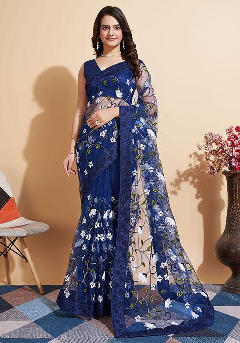 Blue Embroidered Net Saree Set