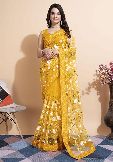 Yellow Embroidered Net Saree Set