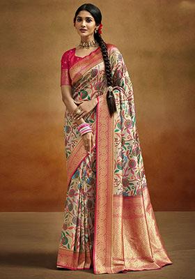 Beige Woven Banarasi Silk Saree Set