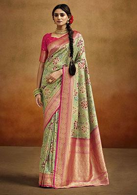 Green Woven Banarasi Silk Saree Set