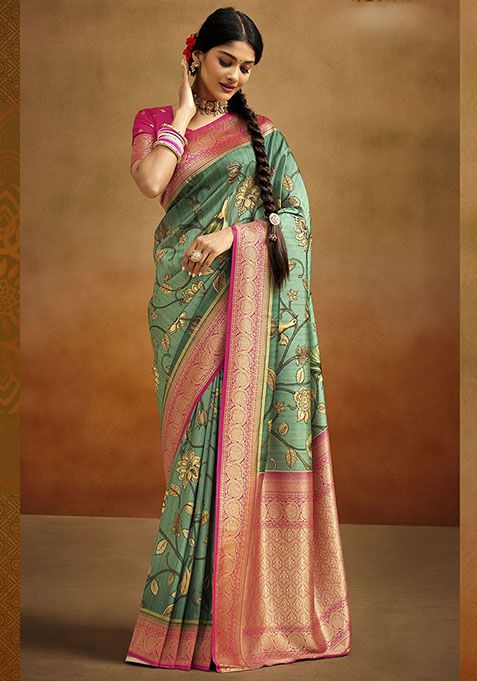 Green Woven Banarasi Silk Saree Set