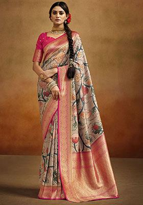 Beige Woven Banarasi Silk Saree Set