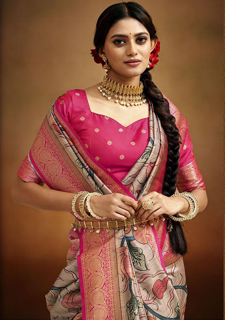 Beige Woven Banarasi Silk Saree Set