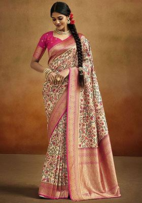 Beige Woven Banarasi Silk Saree Set