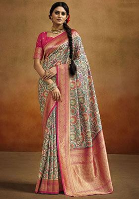 Multicolor Woven Banarasi Silk Saree Set