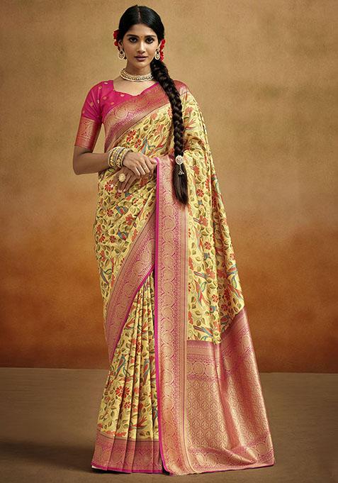 Yellow Woven Banarasi Silk Saree Set