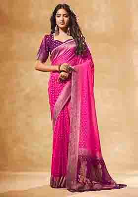 Pink Woven Georgette Saree Set