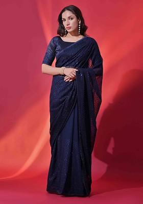 Blue Embroidered Georgette Saree Set