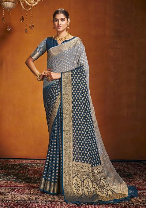 Blue Woven Georgette Saree Set