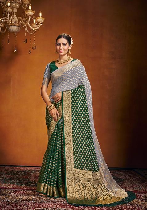 Green Woven Georgette Saree Set