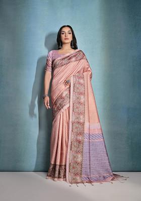 Peach Printed Silk Saree Set