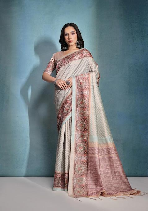 Sea Green Printed Silk Saree Set