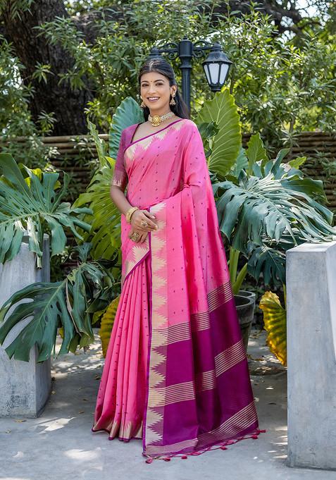 Pink Woven Silk Saree Set