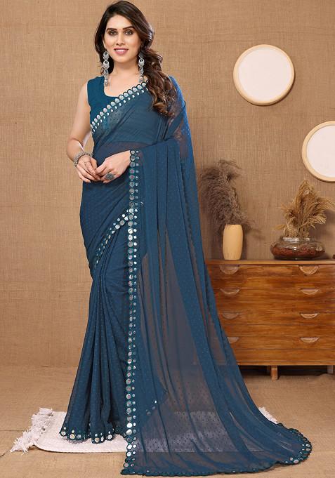 Blue Woven Chiffon Saree Set