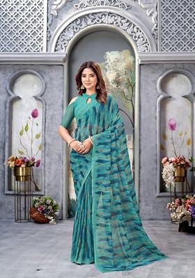 Green Printed Georgette Saree Set