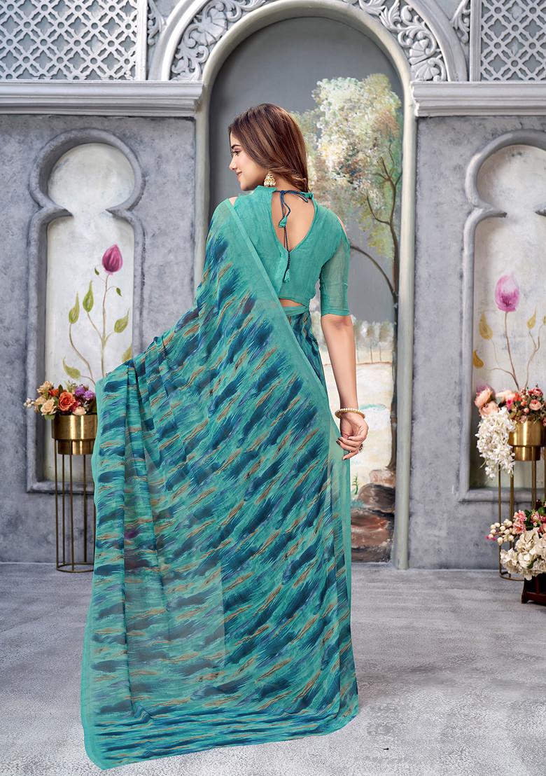 Green Printed Georgette Saree Set