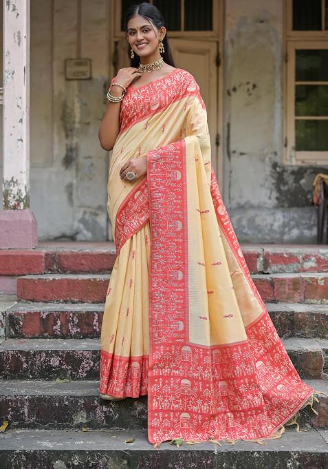 Red Woven Silk Saree Set