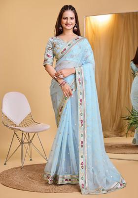 Sky Blue Embroidered Organza Saree Set
