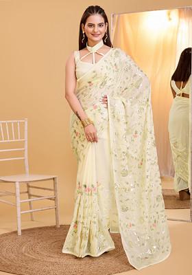 Cream Embroidered Organza Saree Set