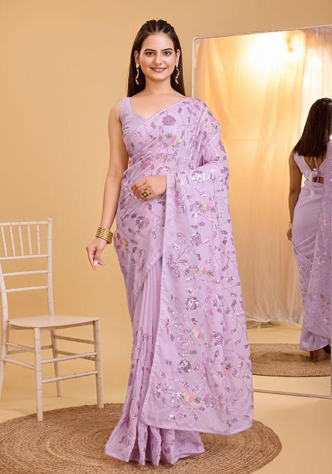 Purple Embroidered Organza Saree Set