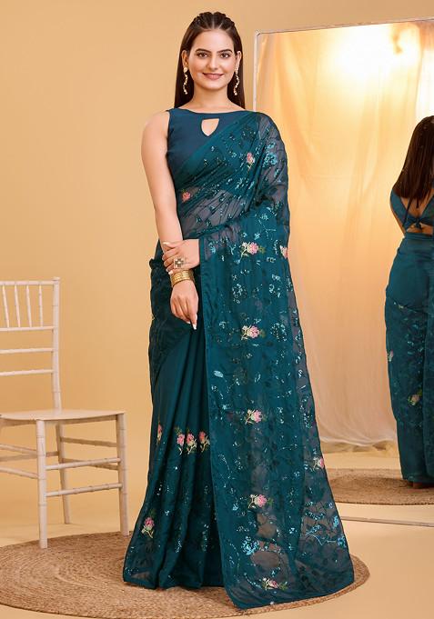 Teal Blue Embroidered Organza Saree Set