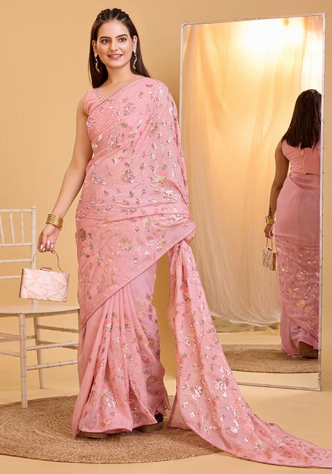 Pink Embroidered Organza Saree Set