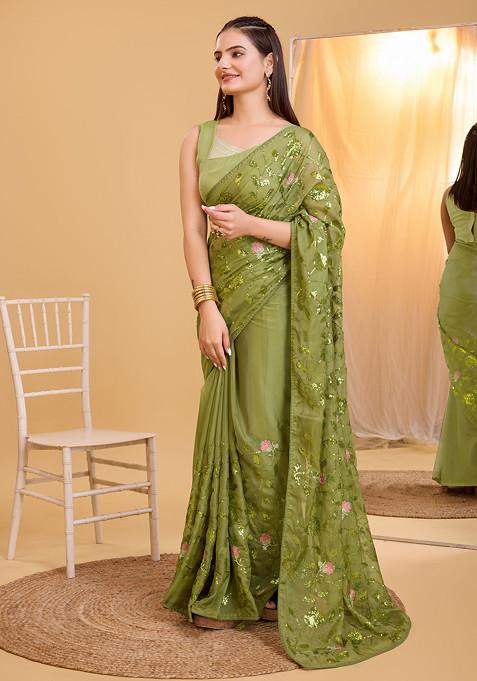 Green Embroidered Organza Saree Set