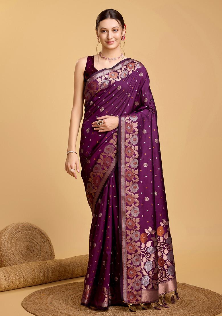 Purple Woven Silk Saree Set