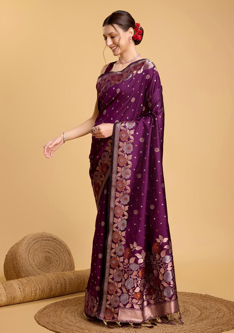Purple Woven Silk Saree Set