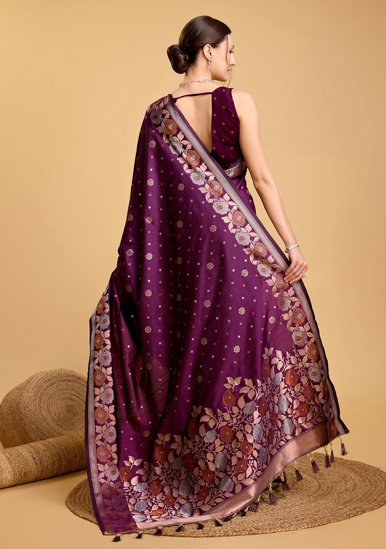 Purple Woven Silk Saree Set