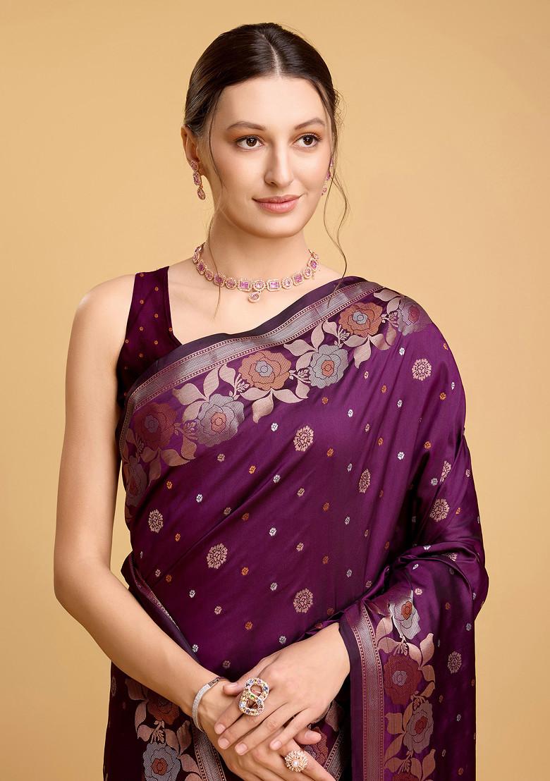 Purple Woven Silk Saree Set