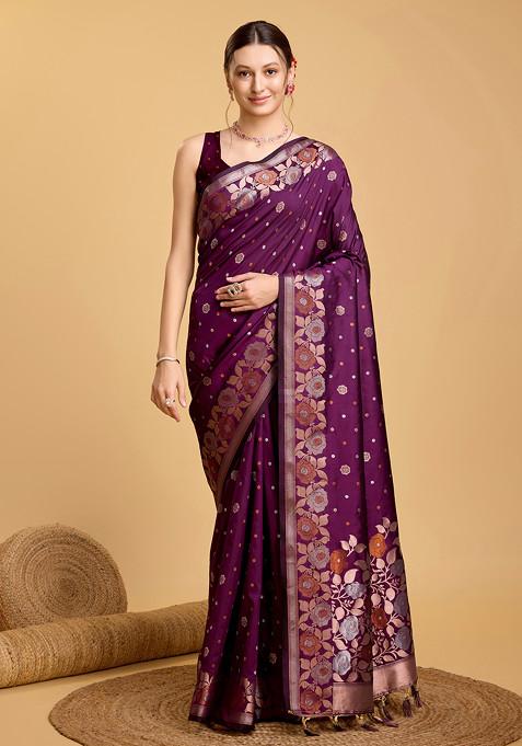 Purple Woven Silk Saree Set