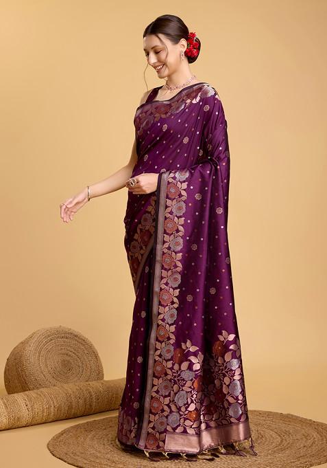 Purple Woven Silk Saree Set