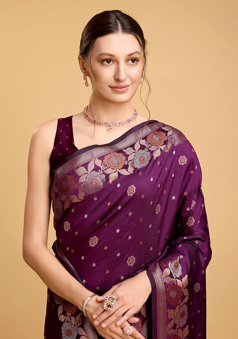 Purple Woven Silk Saree Set
