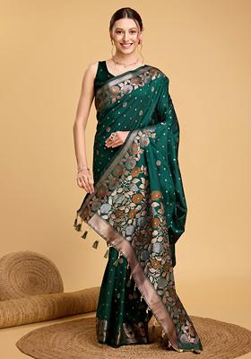 Green Woven Silk Saree Set