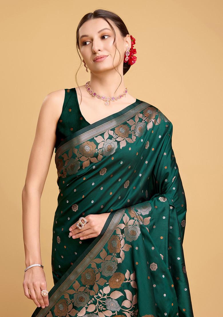 Green Woven Silk Saree Set - Indya