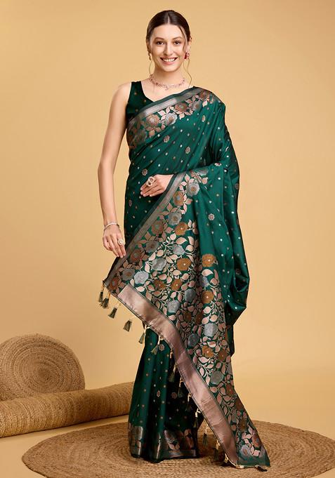 Green Woven Silk Saree Set