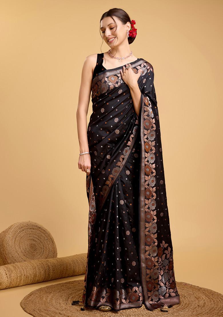 Black Woven Silk Saree Set - Indya