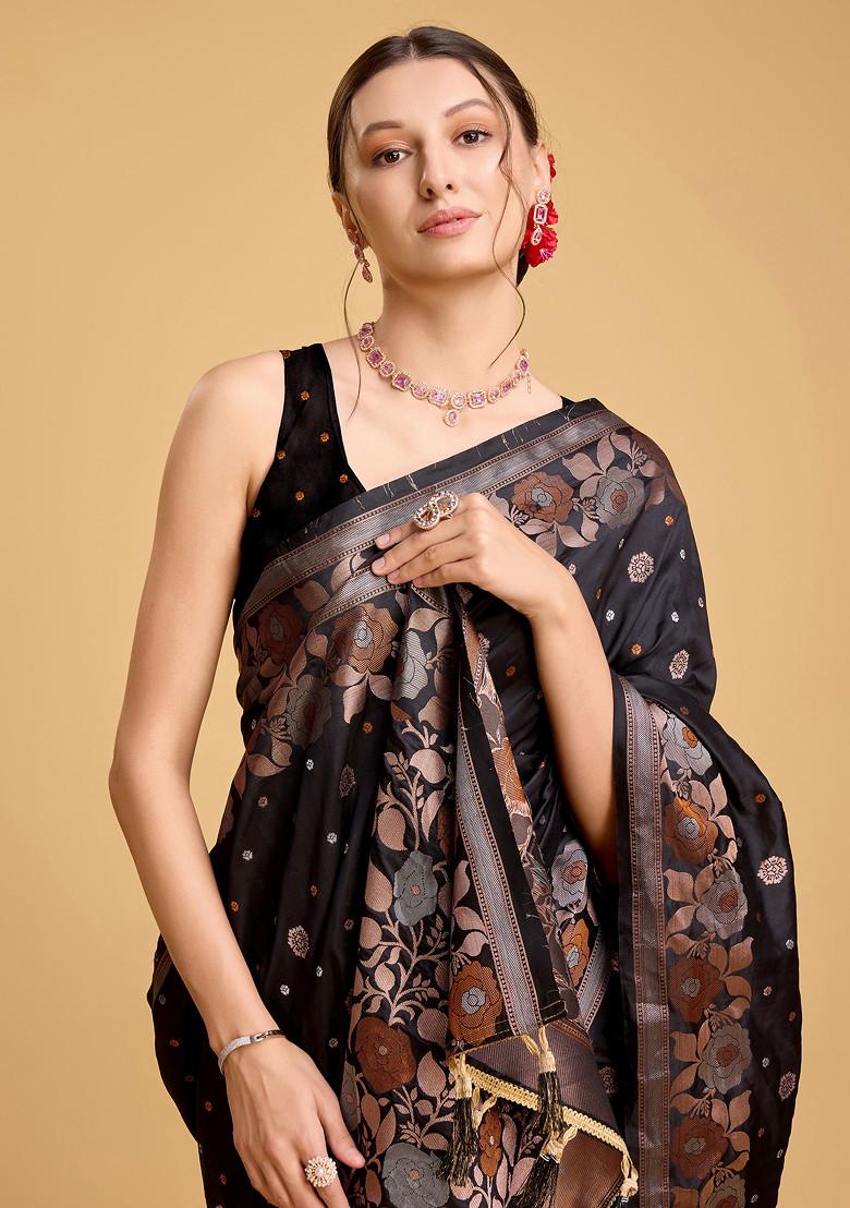Black Woven Silk Saree Set - Indya