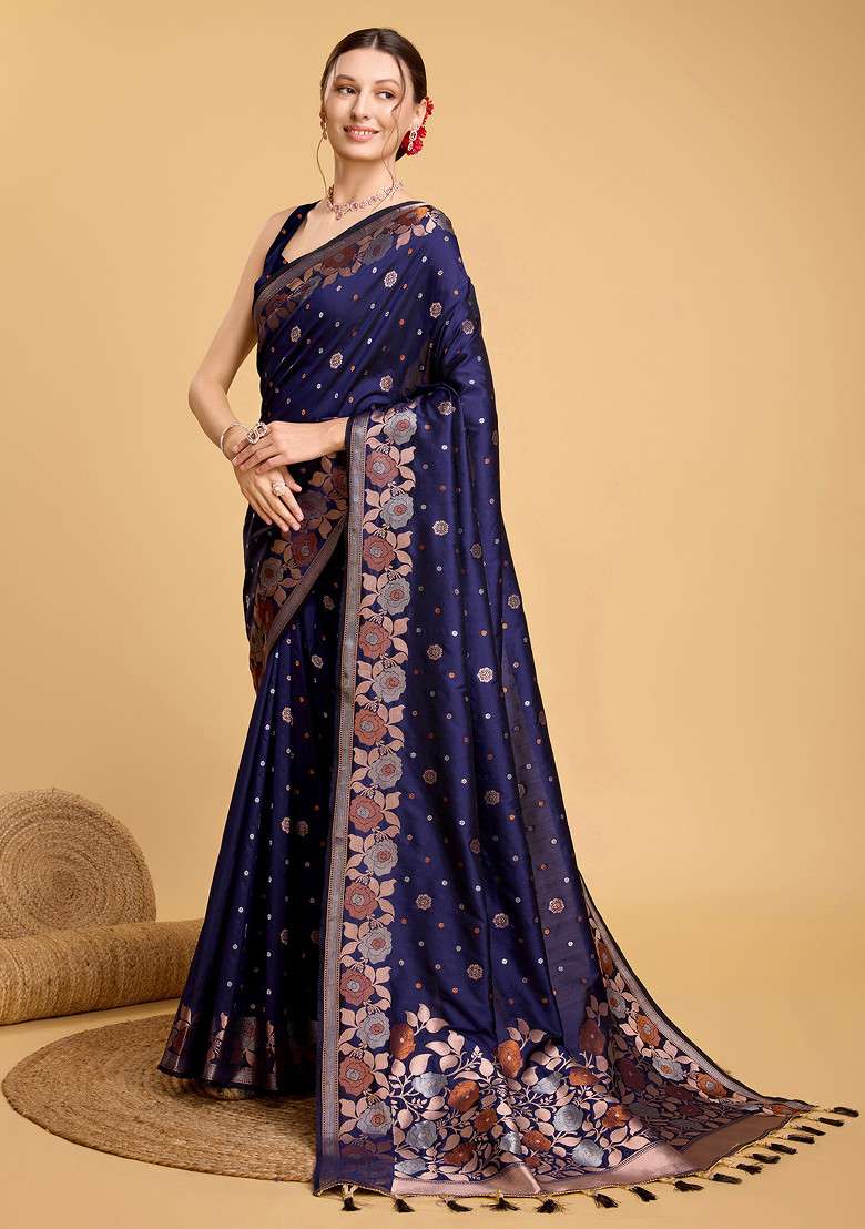Blue Woven Silk Saree Set for Diwali | Wedding & Festive Wear - Indya