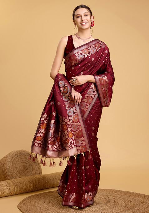 Maroon Woven Silk Saree Set